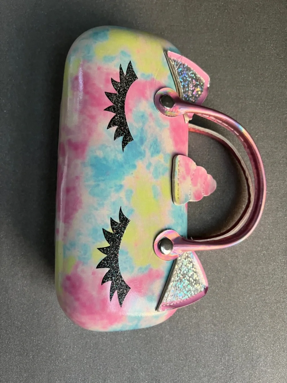 Unicorn Pastel Tie-Dye Glitter Eyelashes Ears Top-Handle Sunglasses 6” Case
